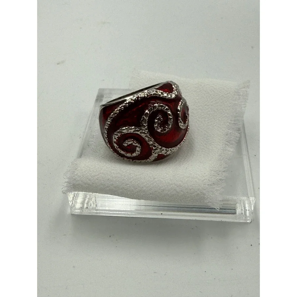 Red Enamel Silver Tone Swirl Statement Cocktail Dome Ring Size 7.5